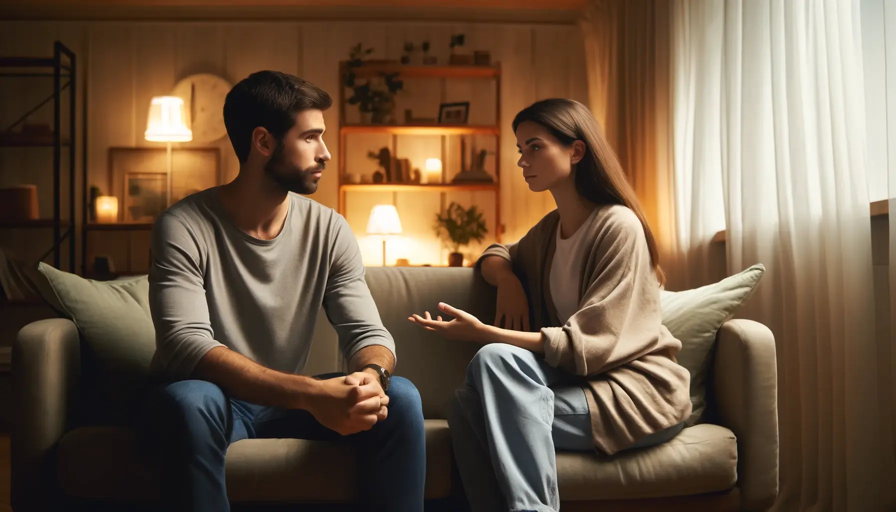 Un homme et une femme discutent calmement dans un salon cosy, illustrant une communication de couple sincère et attentive.